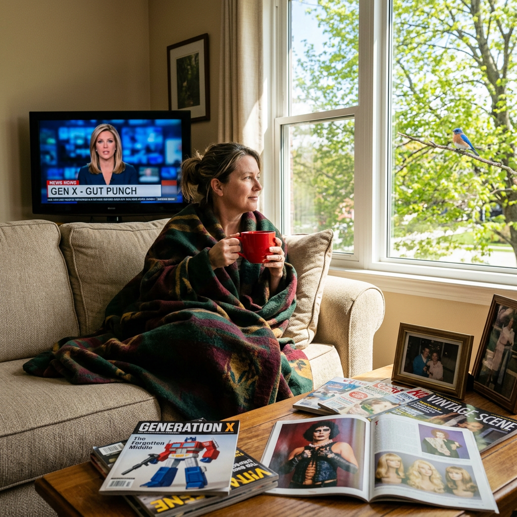 Woman with red mug, vintage magazines, TV reading “GEN X - GUT PUNCH,” and blue bird outside