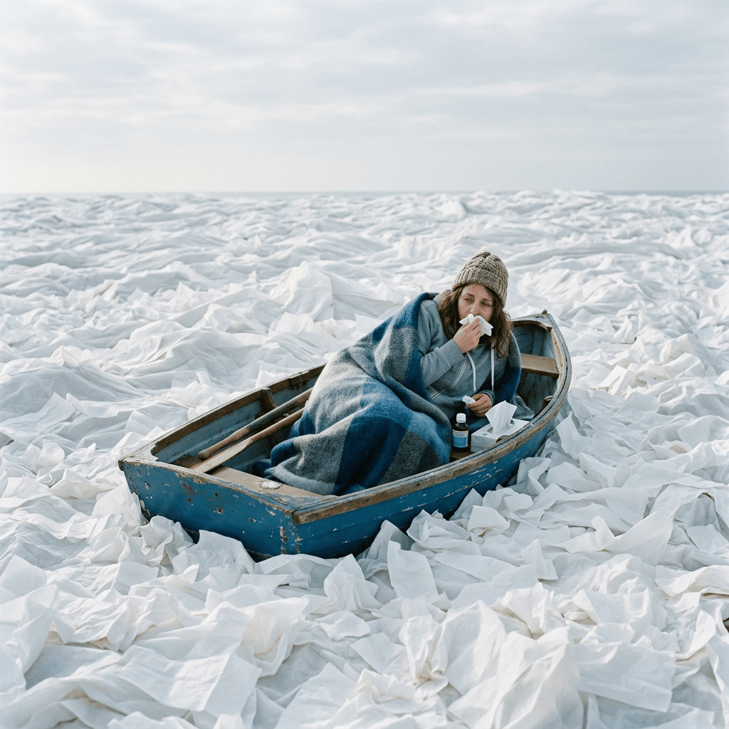 Person wrapped in a blanket taking medicine in a boat surrounded by sea ice