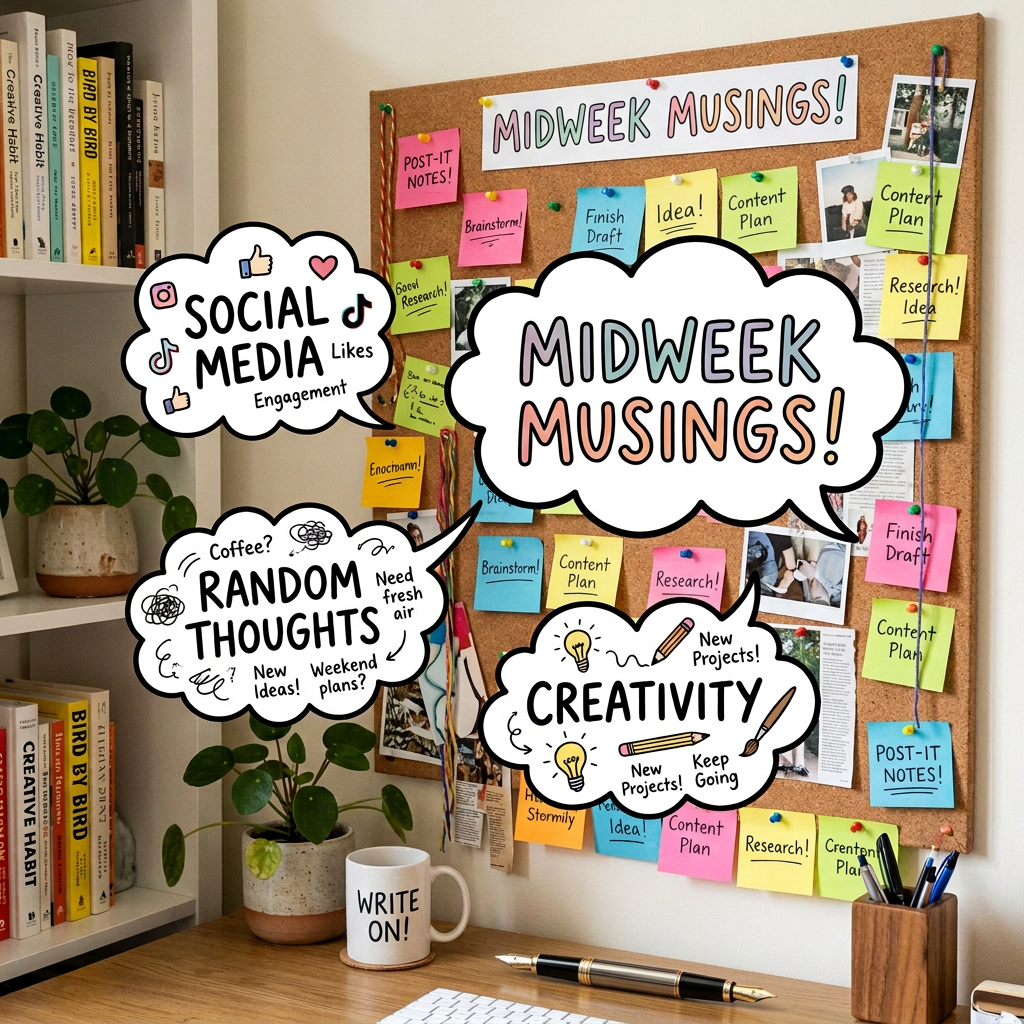 Bulletin board reading “MIDWEEK MUSINGS!” with notes about creativity, social media, and content planning